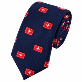 Medical Cross Skinny Tie in navy blue featuring a repeating pattern of red first aid kit icons with white crosses.