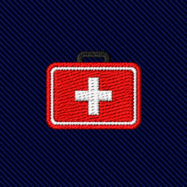 Medical Cross Skinny Tie featuring an embroidered red medical bag with a white cross on a dark blue diagonal-striped background.