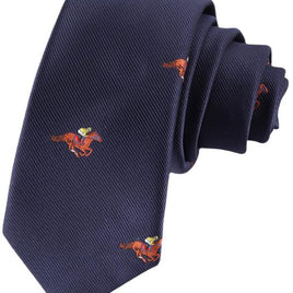 The Melbourne Race Horse Skinny Tie is a navy blue necktie with small embroidered horse and jockey motifs in orange, green, and white—perfect for adding equestrian flair to your Melbourne Cup outfit.