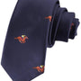 The Melbourne Race Horse Skinny Tie is a navy blue necktie with small embroidered horse and jockey motifs in orange, green, and white—perfect for adding equestrian flair to your Melbourne Cup outfit.