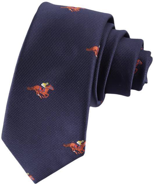 The Melbourne Race Horse Skinny Tie is a navy blue necktie with small embroidered horse and jockey motifs in orange, green, and white—perfect for adding equestrian flair to your Melbourne Cup outfit.