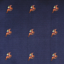 The Melbourne Race Horse Pocket Square features navy blue fabric with embroidered orange horses and yellow-saddled riders in a neat grid—a standout accessory for race day at the Melbourne Cup.