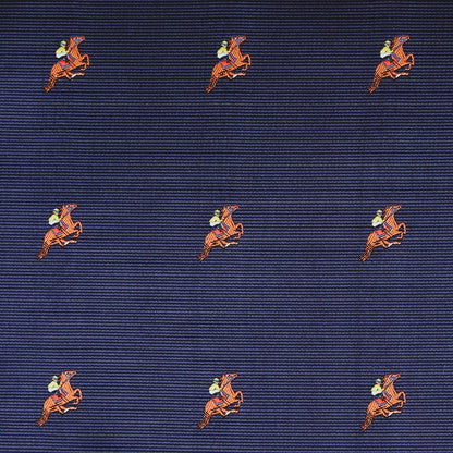 The Melbourne Race Horse Pocket Square features navy blue fabric with embroidered orange horses and yellow-saddled riders in a neat grid—a standout accessory for race day at the Melbourne Cup.