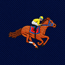 Embroidered patch of a jockey in a yellow and white shirt riding a brown racehorse on a dark blue ribbed background, featured on a Melbourne Race Horse Skinny Tie.