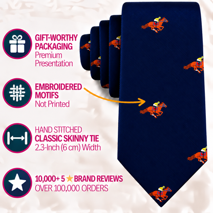 Dark blue Melbourne Race Horse Skinny Tie with repeating embroidered jockeys on racehorses, plus four circular icons detailing product features, packaging, and brand reviews.