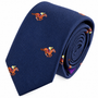 Melbourne Race Horse Skinny Tie in navy blue featuring a repeating print of orange racehorses with jockeys in yellow helmets—an ideal accessory for Melbourne Cup fashion.
