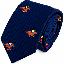 Navy blue Melbourne Race Horse Skinny Tie featuring a repeating print of jockeys.