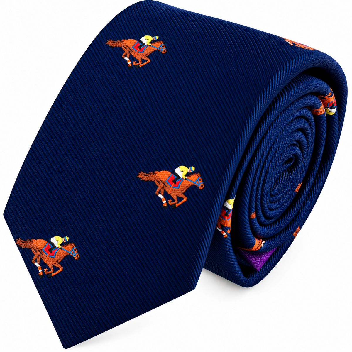 Navy blue Melbourne Race Horse Skinny Tie featuring a repeating print of jockeys.