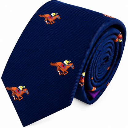 Navy blue Melbourne Race Horse Skinny Tie featuring a repeating print of jockeys.