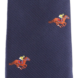 Add equestrian flair to your look with the Melbourne Race Horse Skinny Tie—navy blue, diagonal ribbing, and embroidered jockeys in red and yellow outfits. Perfect for stylish Melbourne Cup fashion.