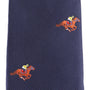 Add equestrian flair to your look with the Melbourne Race Horse Skinny Tie—navy blue, diagonal ribbing, and embroidered jockeys in red and yellow outfits. Perfect for stylish Melbourne Cup fashion.