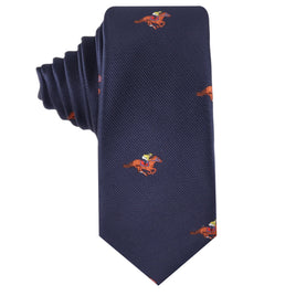 The Melbourne Race Horse Skinny Tie is a navy blue tie with embroidered horse and jockey motifs in orange, yellow, and green—ideal for making a statement at the Melbourne Cup.