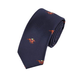 The Melbourne Race Horse Skinny Tie features a navy blue base with an embroidered pattern of horse and rider in red, yellow, and green—an ideal accessory for Melbourne Cup fashion or for those after a stylish look.