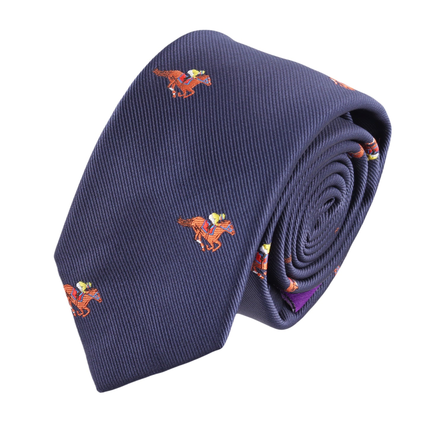 The Melbourne Race Horse Skinny Tie is a rolled-up navy blue tie with a repeating pattern of small orange embroidered horses and riders, adding equestrian charm perfect for Melbourne Cup fashion.