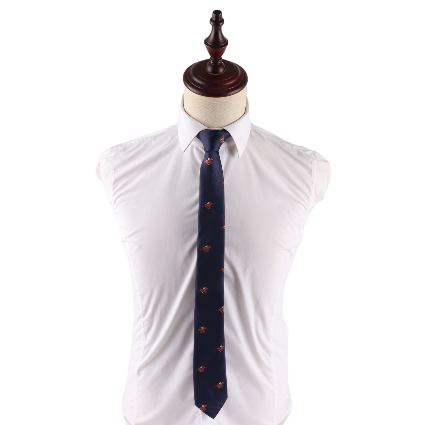 A dress form wears a crisp white shirt and the Melbourne Race Horse Skinny Tie, featuring a navy blue racehorse print, against a plain white background—evoking subtle equestrian style inspired by Melbourne Cup fashion.