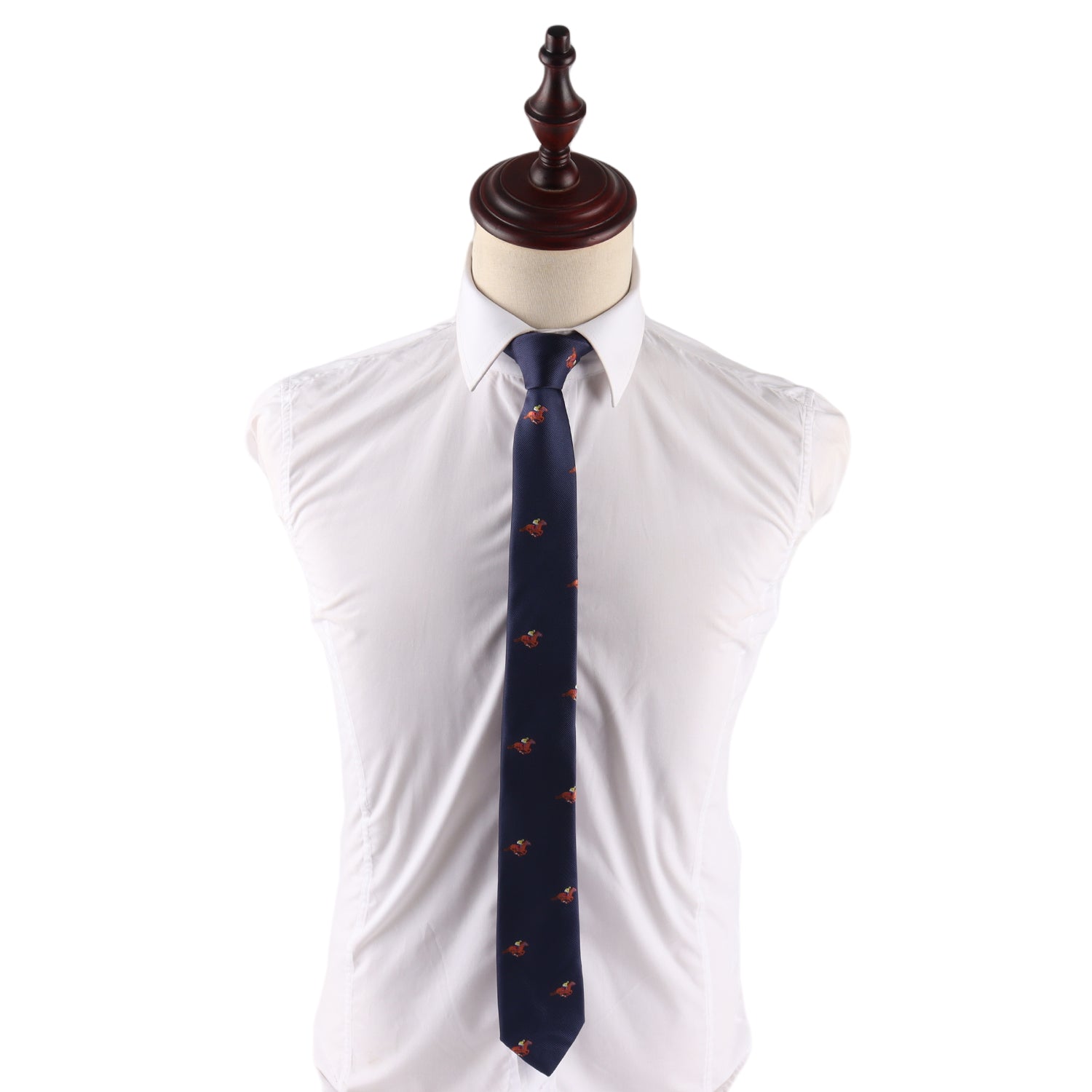 A dress form wears a crisp white shirt and the Melbourne Race Horse Skinny Tie, featuring a navy blue racehorse print, against a plain white background—evoking subtle equestrian style inspired by Melbourne Cup fashion.
