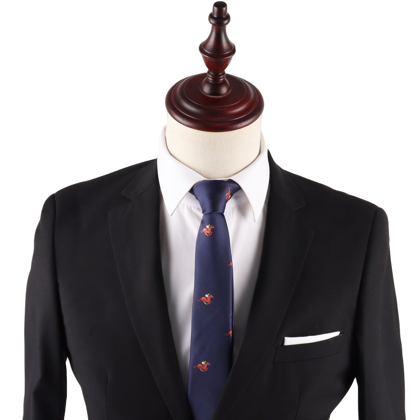 A mannequin sports a black suit, white shirt, Melbourne Race Horse Skinny Tie, and a white pocket square—an ideal look that captures Melbourne Cup fashion with subtle equestrian flair.
