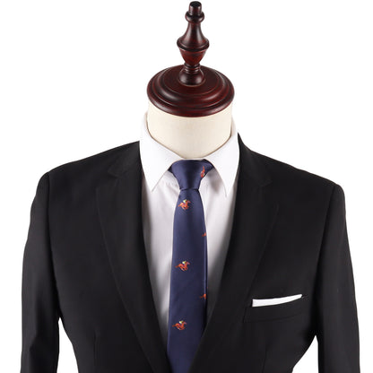 A mannequin sports a black suit, white shirt, Melbourne Race Horse Skinny Tie, and a white pocket square—an ideal look that captures Melbourne Cup fashion with subtle equestrian flair.
