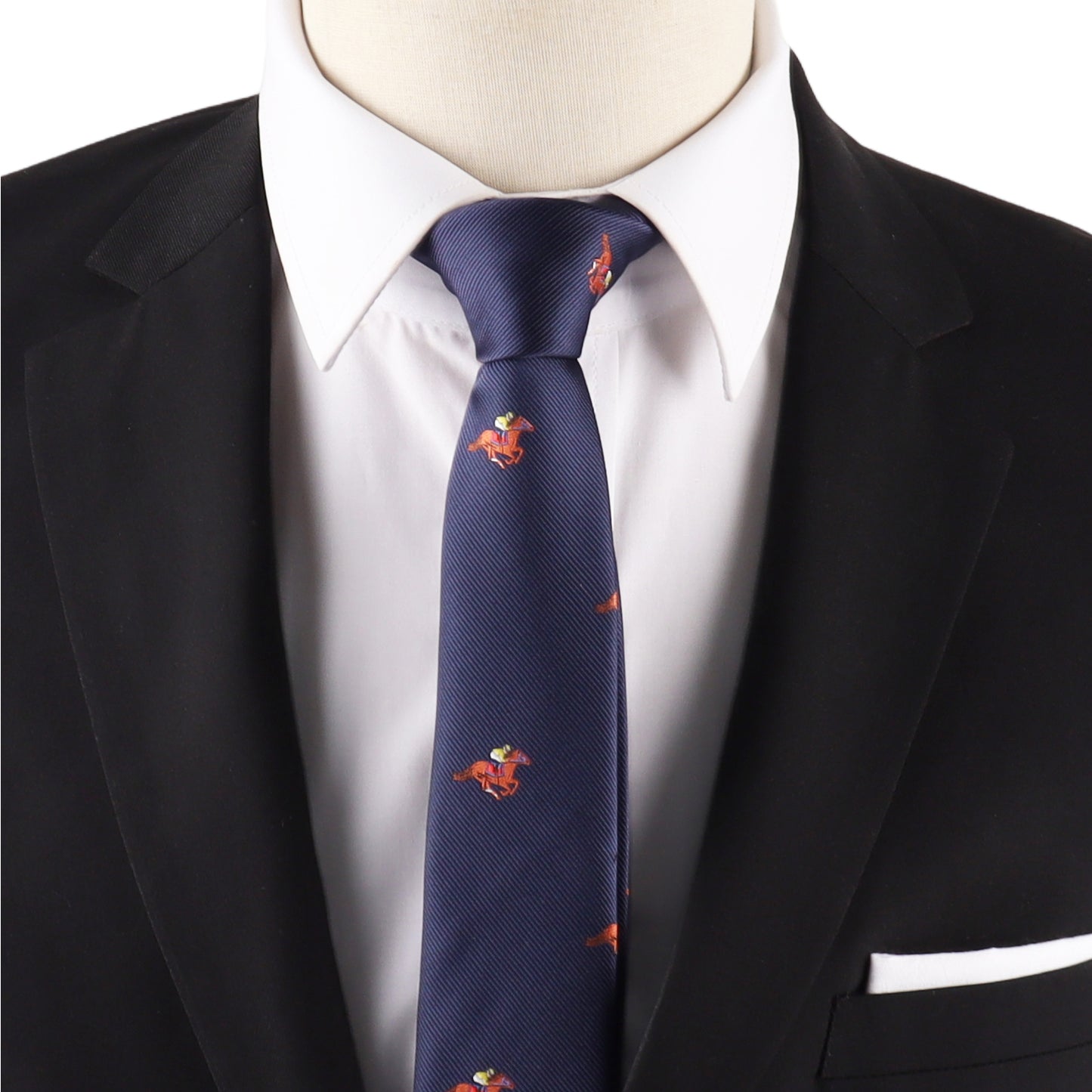 A mannequin sporting a black suit, white shirt, and the Melbourne Race Horse Skinny Tie showcases equestrian style—ideal inspiration for Melbourne Cup fashion.