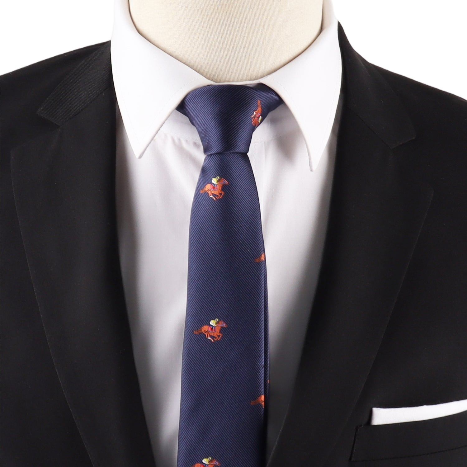 A mannequin sporting a black suit, white shirt, and the Melbourne Race Horse Skinny Tie showcases equestrian style—ideal inspiration for Melbourne Cup fashion.