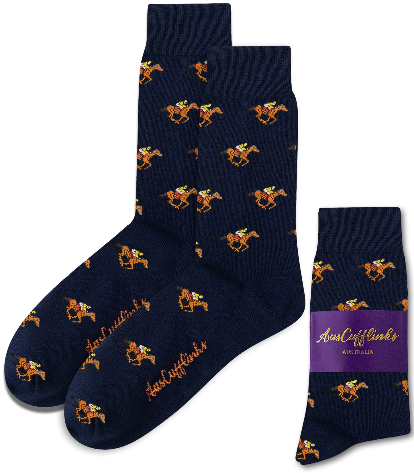 Novelty Melbourne race day socks featuring stylish horse print