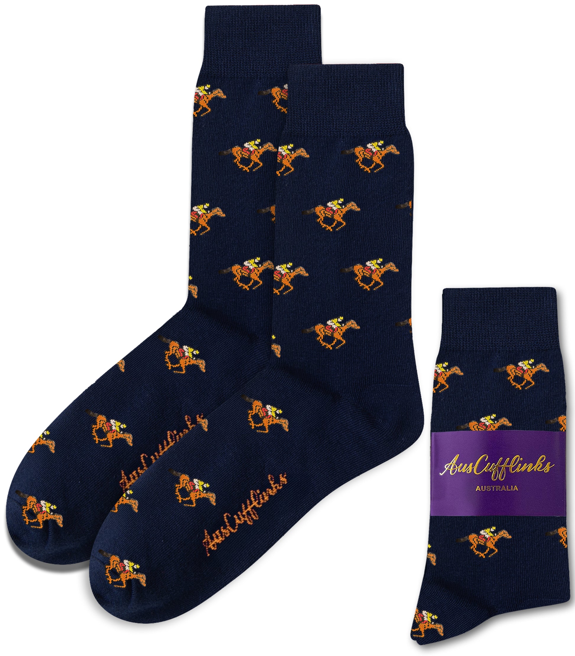 Novelty Melbourne race day socks featuring stylish horse print