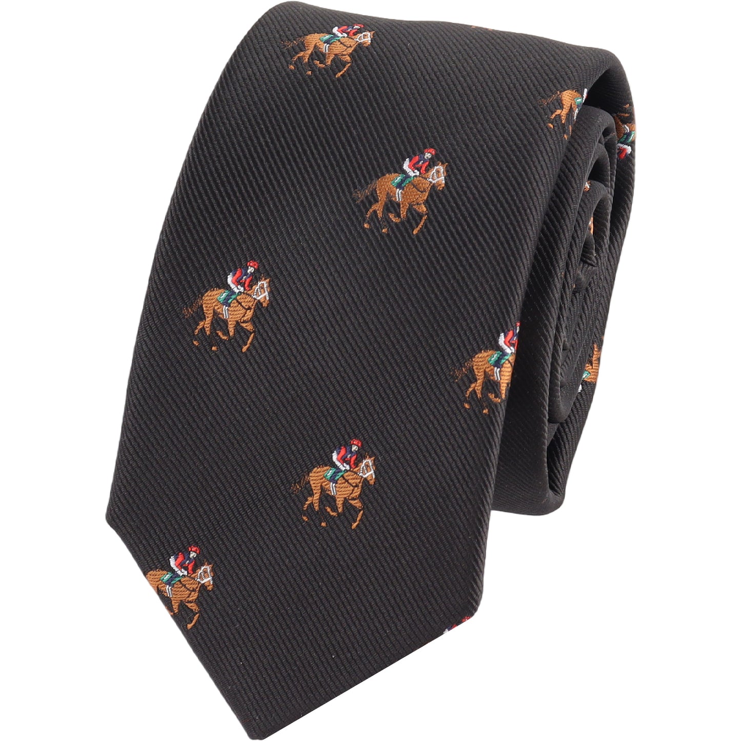 mens derby horse racing skinny tie with black thoroughbred theme ideal for formal wear and race events