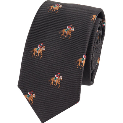 mens derby horse racing skinny tie with black thoroughbred theme ideal for formal wear and race events