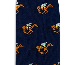 Horse Racing Socks: Navy blue equestrian socks with a repeating pattern of orange horses featuring green and white details, each horse ridden by a spear-holding jockey.