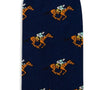 Horse Racing Socks: Navy blue equestrian socks with a repeating pattern of orange horses featuring green and white details, each horse ridden by a spear-holding jockey.