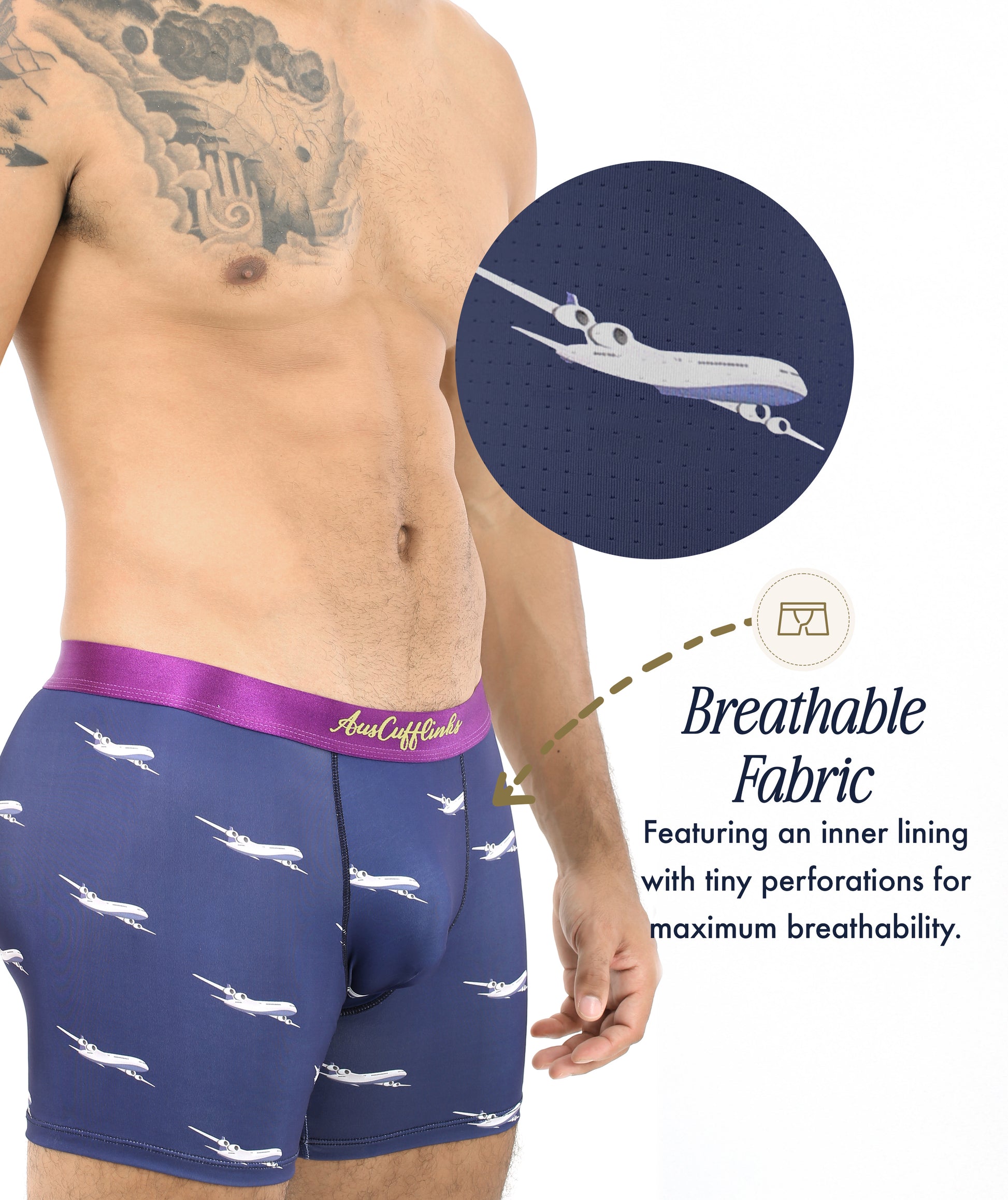 A man wears Airplane Underwear—navy boxers with a purple waistband and white airplane print; inset shows perforated, breathable fabric. Perfect for pilots, these unique boxers make ideal gifts for aviation enthusiasts.