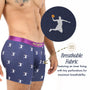 A man wears Basketball Dunk Underwear with a slam dunk print; an inset reveals its breathable, perforated fabric, and text highlights the underwear’s superior breathability.