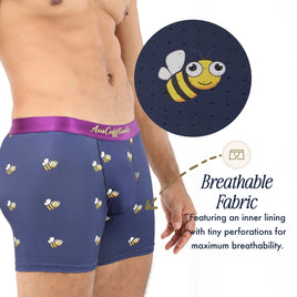 A person wears Bee Underwear with a playful bee pattern; close-up highlights tiny fabric perforations and a breathable, sustainable inner lining—ideal for those seeking eco-friendly, comfortable boxers.
