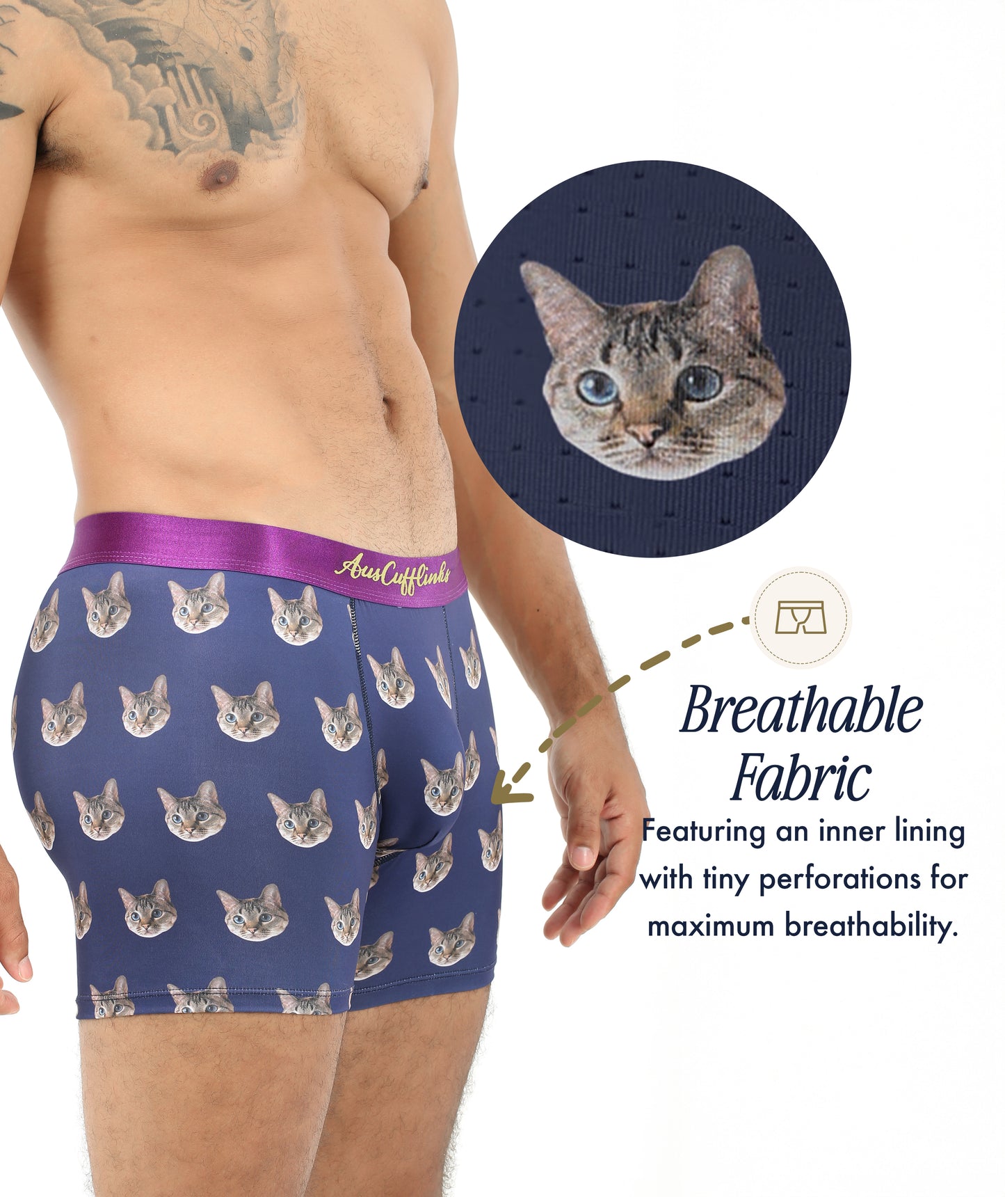 Wearing Blue Eyed Cat Underwear with a purple waistband, a close-up shows the breathable, perforated lining. Highlighted text promotes these men’s boxers for extra comfort.
