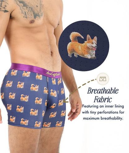 A man wears Corgi Dog Underwear with a fun cartoon corgi print, featuring small perforations for breathability—highlighted as a perfect dog lover gift thanks to its breathable fabric.