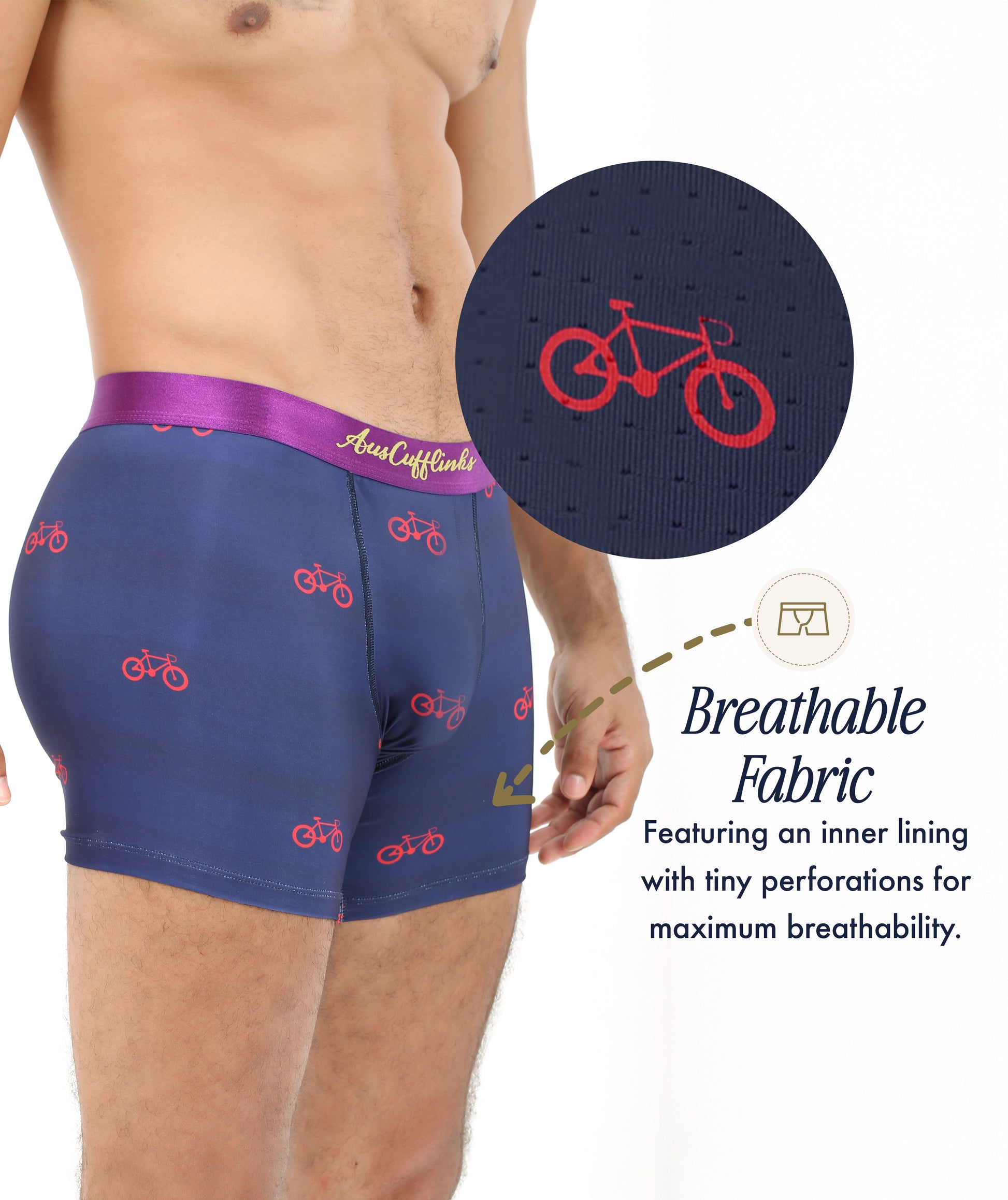 A person wears Cyclist Underwear in navy with red bicycle prints; inset reveals perforated, moisture-wicking fabric. Text highlights its breathable design, making Cyclist Underwear perfect for cycling enthusiasts.