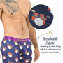 A man wears Drums Underwear with a drum set pattern—ideal as a gift for music lovers. A close-up shows perforated, breathable fabric and an inner lining. Text reads: "Breathable Fabric.