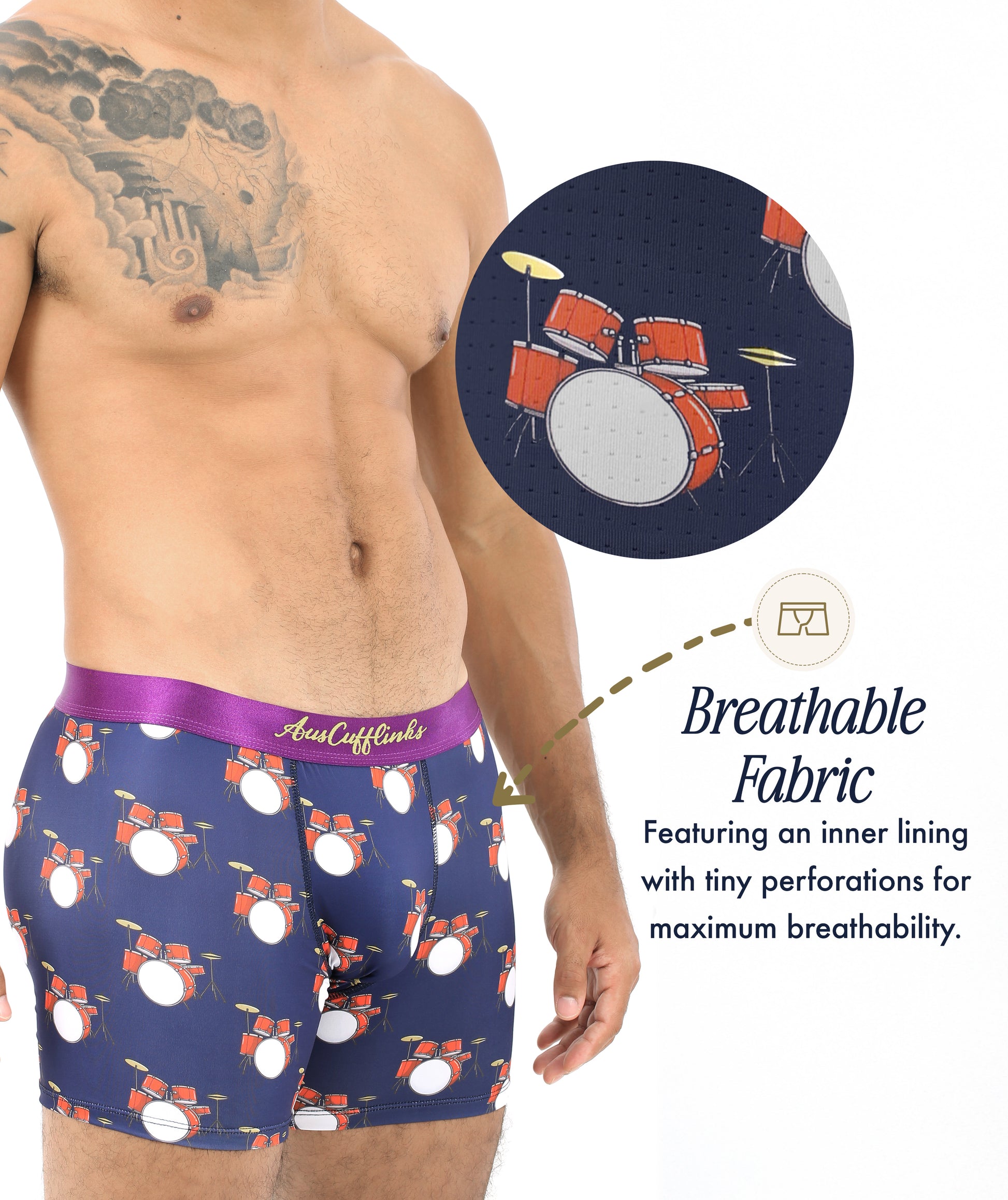 A man wears Drums Underwear with a drum set pattern—ideal as a gift for music lovers. A close-up shows perforated, breathable fabric and an inner lining. Text reads: "Breathable Fabric.