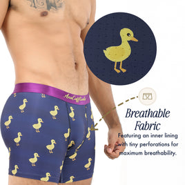 A man models blue Duck Underwear featuring a playful yellow duck print; an inset reveals tiny fabric perforations for breathability. Fun and quirky, Duck Underwear offers ventilated comfort—making it a delightful, comfortable gift.