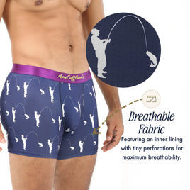 Man wearing Fisherman Underwear in navy blue with a pink waistband and white fishing silhouettes, featuring moisture-wicking, breathable fabric and a perforated inner lining for added airflow.