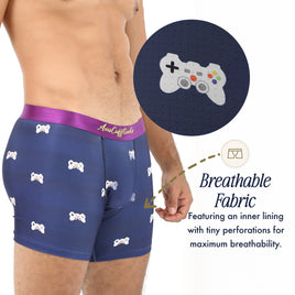 A person is wearing Game Controller Underwear in navy, featuring game controller prints and showcasing its breathable fabric with a close-up of the perforated inner lining.