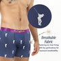 A person wears Golf Swing Underwear—navy blue, moisture-wicking boxer briefs with a golf swing pattern. An inset shows fabric perforations and reads “Breathable Fabric”—a fun gift idea for golf lovers.