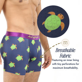 A person wears Green Turtle Underwear—blue boxer briefs featuring green turtle designs—made from breathable, moisture-wicking fabric with micro-perforations for superior ventilation.