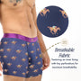 A man wears Horse Racing Underwear—blue boxer briefs featuring a jockey print—ideal for equestrian fans, with a close-up showing the fabric's breathable perforations.