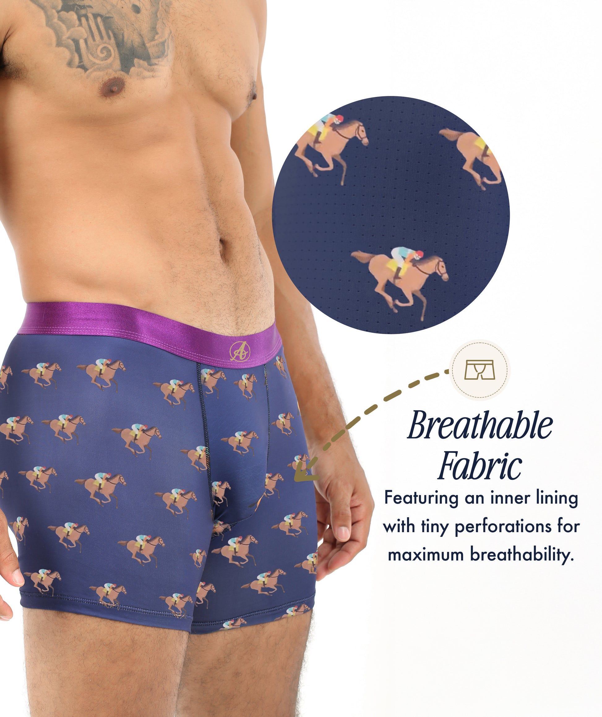 A man wears Horse Racing Underwear—blue boxer briefs featuring a jockey print—ideal for equestrian fans, with a close-up showing the fabric's breathable perforations.