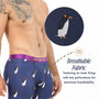 Man wearing Penguin Underwear featuring a fun penguin print and purple waistband; inset highlights the breathable, moisture-wicking fabric with perforations for ventilation—a quirky gift idea.