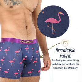 A man wears Pink Flamingo Underwear—navy boxer briefs with a purple waistband and playful print; a close-up reveals fabric perforations, showing these tropical boxers are breathable and moisture-wicking.