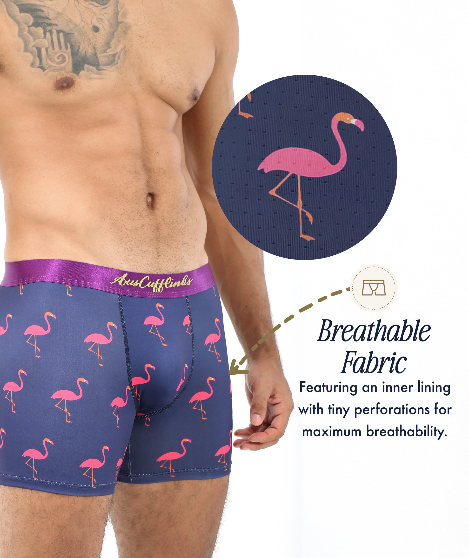 A man wears Pink Flamingo Underwear—navy boxer briefs with a purple waistband and playful print; a close-up reveals fabric perforations, showing these tropical boxers are breathable and moisture-wicking.