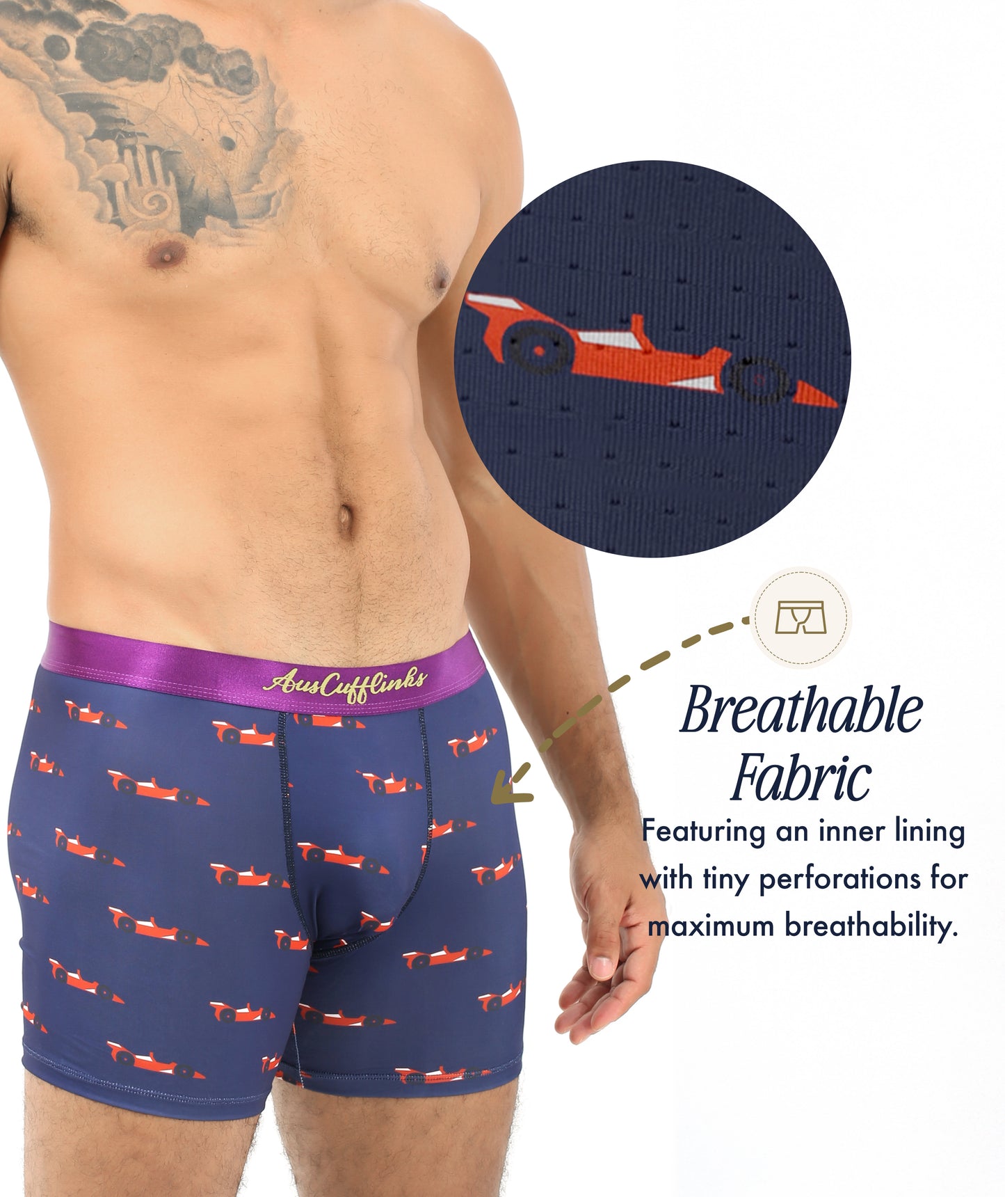 A person models Racing Car Underwear in navy blue with a red car print; a circular inset reveals the perforated, breathable lining. Highlighted text notes these moisture-wicking boxers are ideal for motorsport enthusiasts.