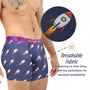 A man wears Rocket Underwear, featuring a rocket print and purple waistband. An inset shows tiny perforations in the fabric, highlighting its breathable design and comfort.